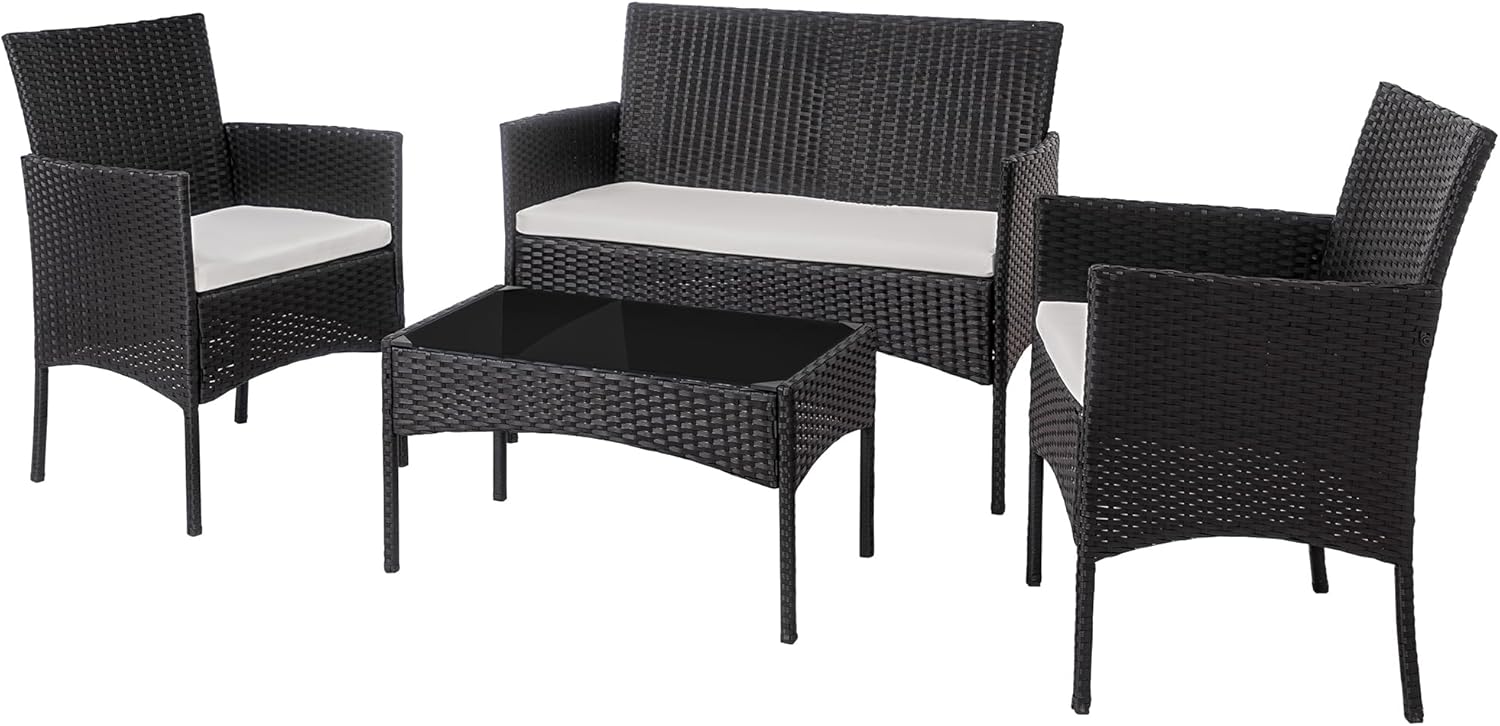 Shintenchi 4 Piece Outdoor Patio Furniture Set, Wicker Rattan Patio Conversation Set, Outdoor Chairs and Loveseat with Coffee Table for Porch, Yard & Poolside (Brown)