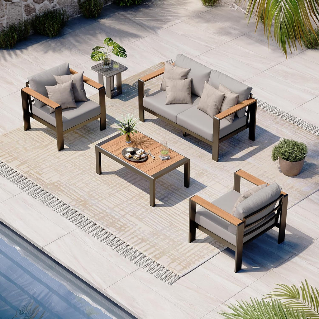 Aluminum Outdoor Patio Furniture Set with Coffee Table, 5 Piece Patio Conversation Sets, Outdoor Sectional Furniture for Porch, Balcony, Yard, Gray